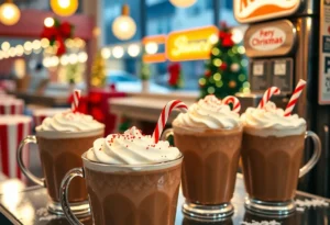 Festive hot cocoa topped with whipped cream and peppermint at Buda Soda Fountain