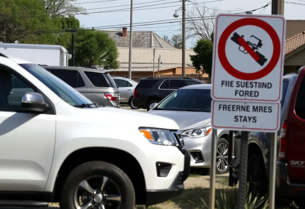 Sign indicating firearms prohibition in an area with parked vehicles in San Antonio