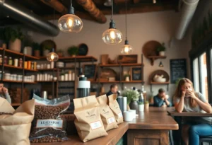Coffee shop Flor de Café in San Antonio, showcasing El Salvador coffee beans.