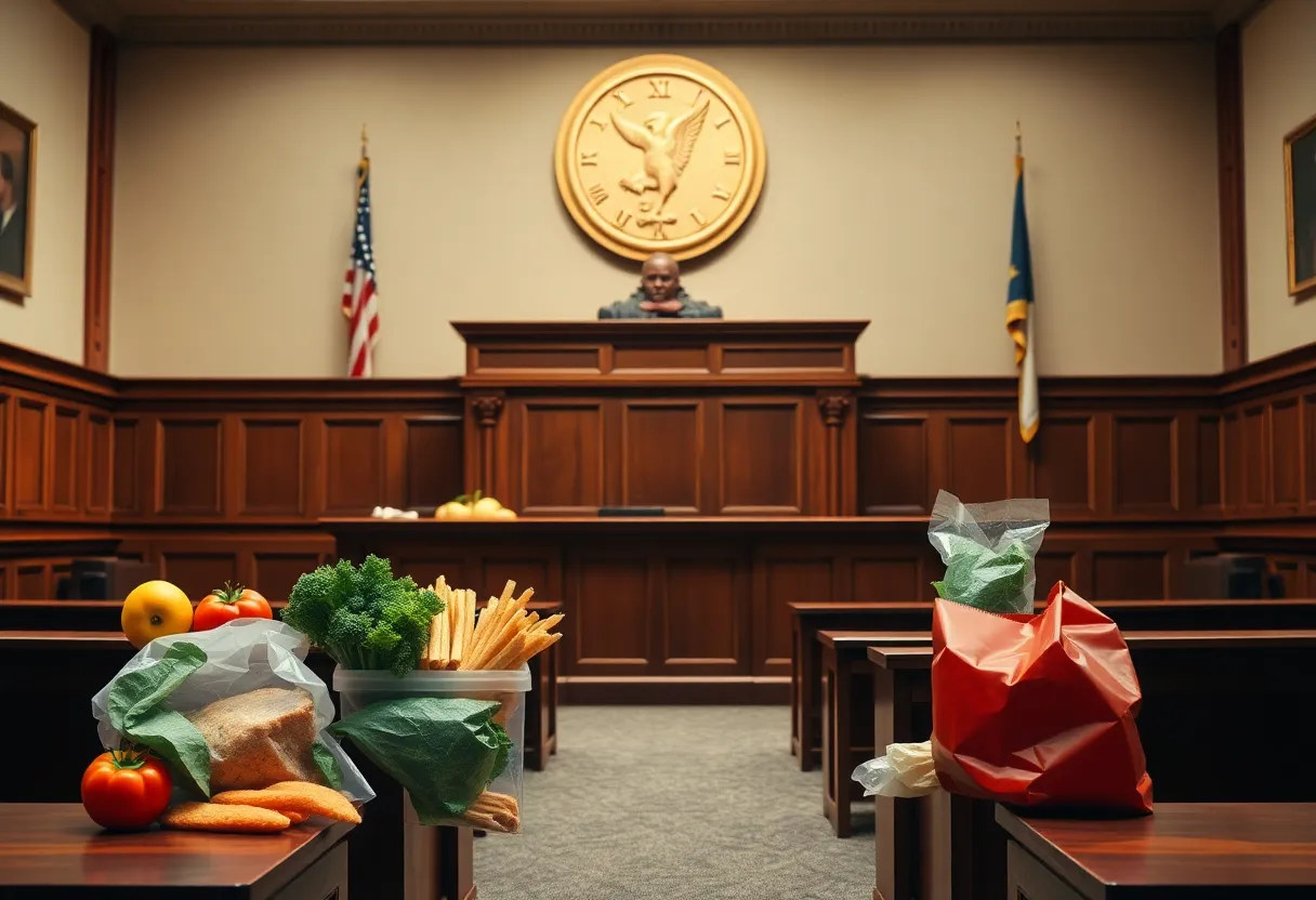 Courtroom scene depicting the conflict between health and food industry practices.