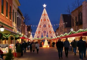 Fredericksburg decorated for Christmas with German Christmas Pyramid and festive market.