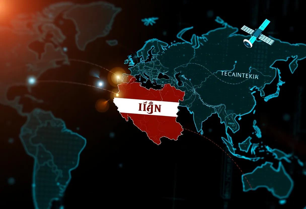Illustration depicting satellite technology and digital communication for internet access in Iran.