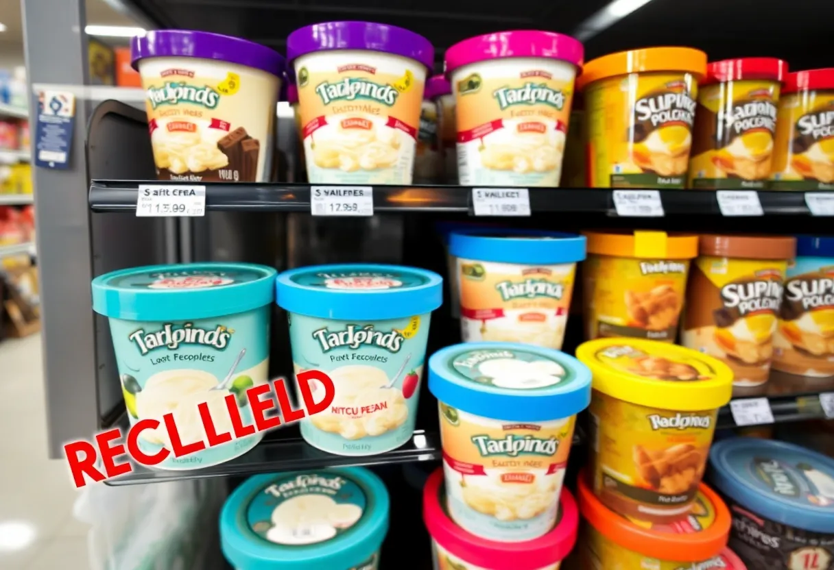 Frozen dessert products on a retail shelf with recall signs