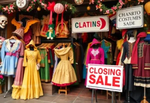 Display of costumes at Gibson Costume Shop with a closing sale sign