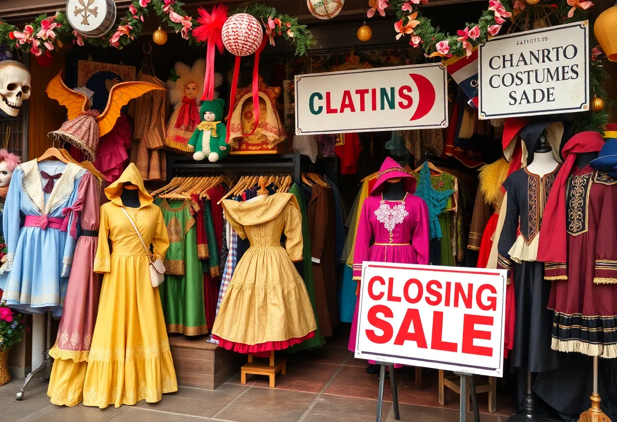 Display of costumes at Gibson Costume Shop with a closing sale sign