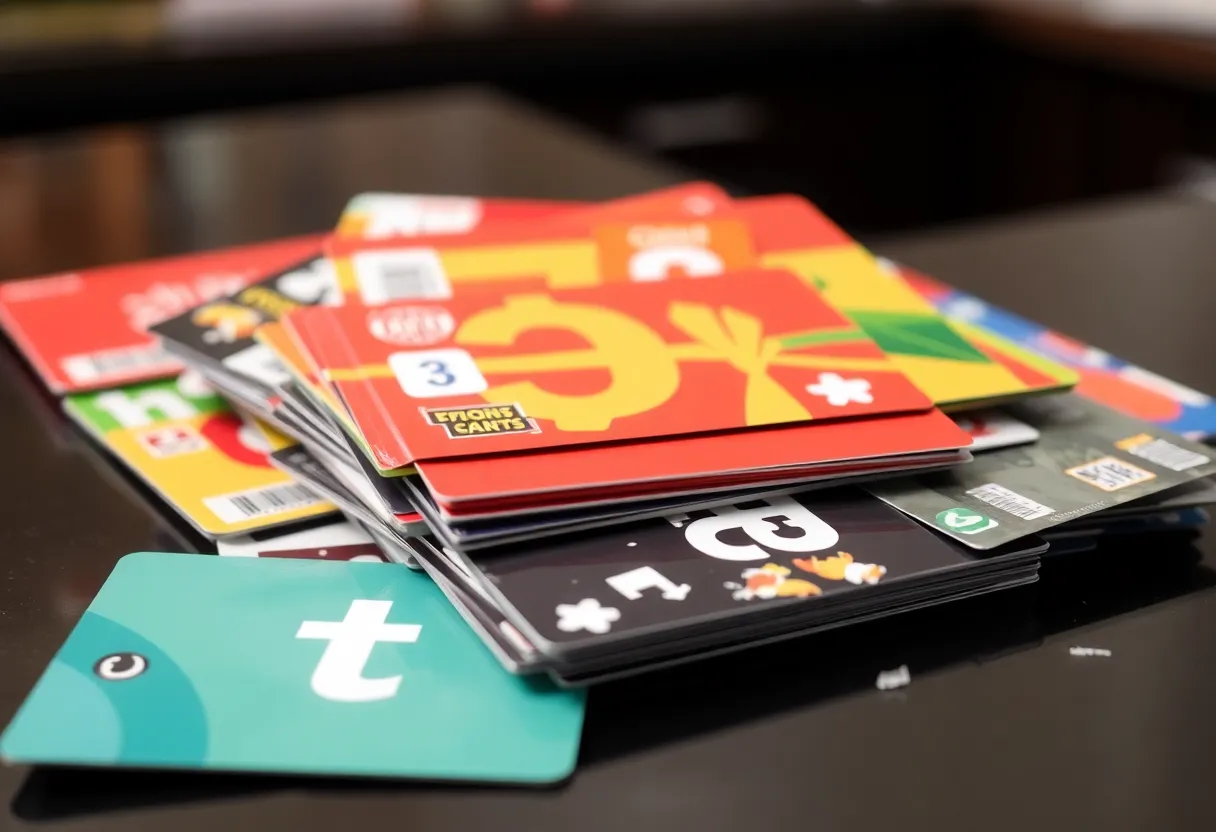 Gift cards showing signs of tampering on a table.