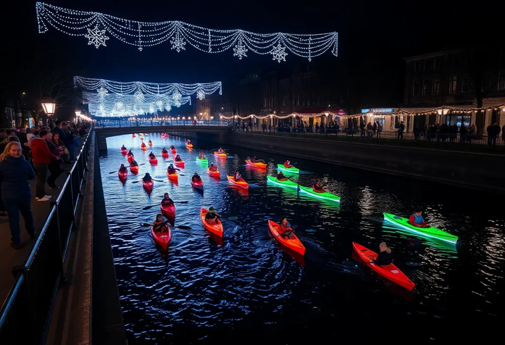 Illuminated kayaks on River Walk during the Holly Jolly Kayaking event