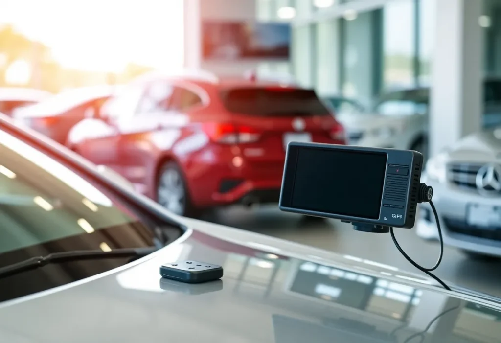 A GPS tracking device showcased in a car dealership setting.