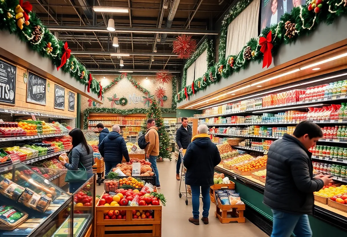 H-E-B store decorated for Christmas with holiday lights and decorations.