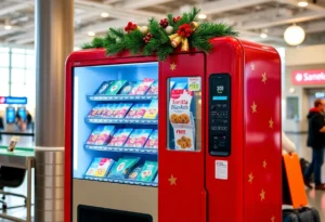 Red suitcase-shaped vending machine at San Antonio Airport dispensing Texas-themed holiday items