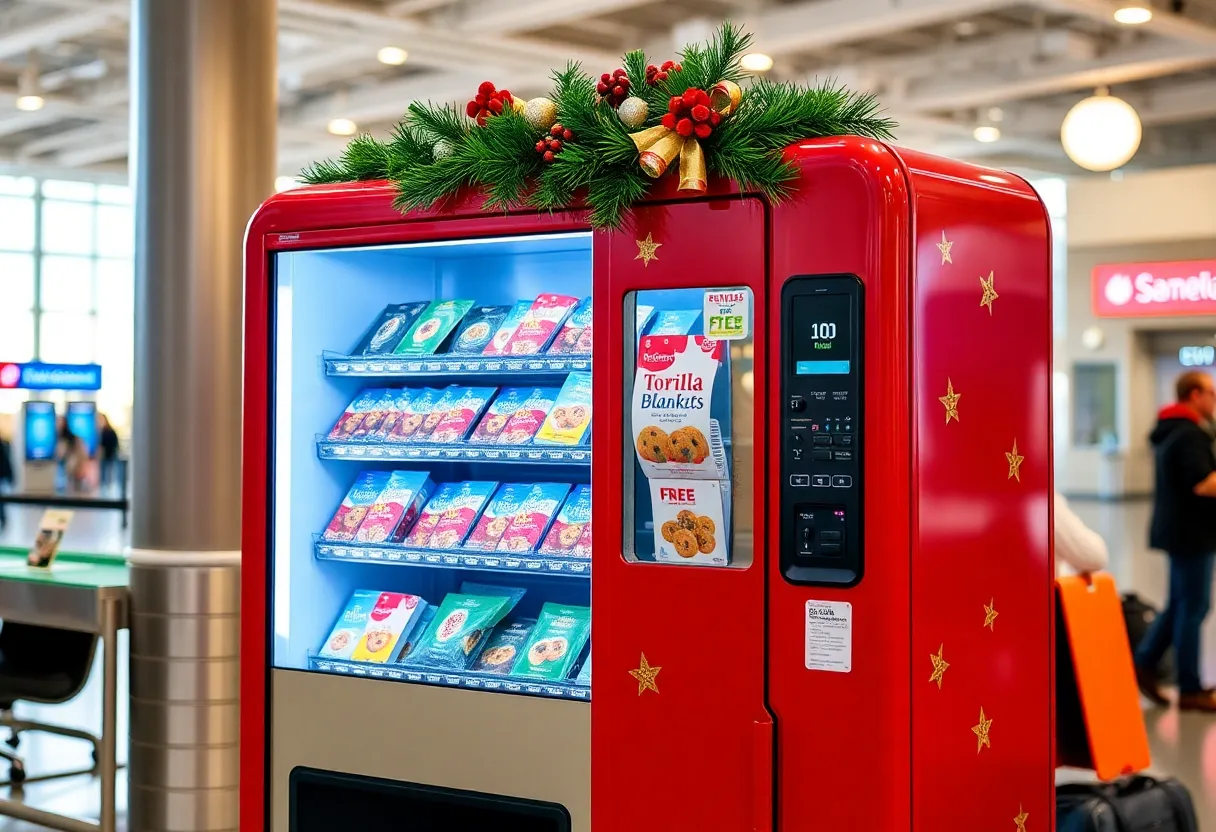 Red suitcase-shaped vending machine at San Antonio Airport dispensing Texas-themed holiday items