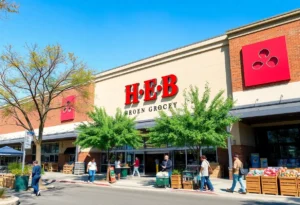 H-E-B grocery store exterior with shoppers outside