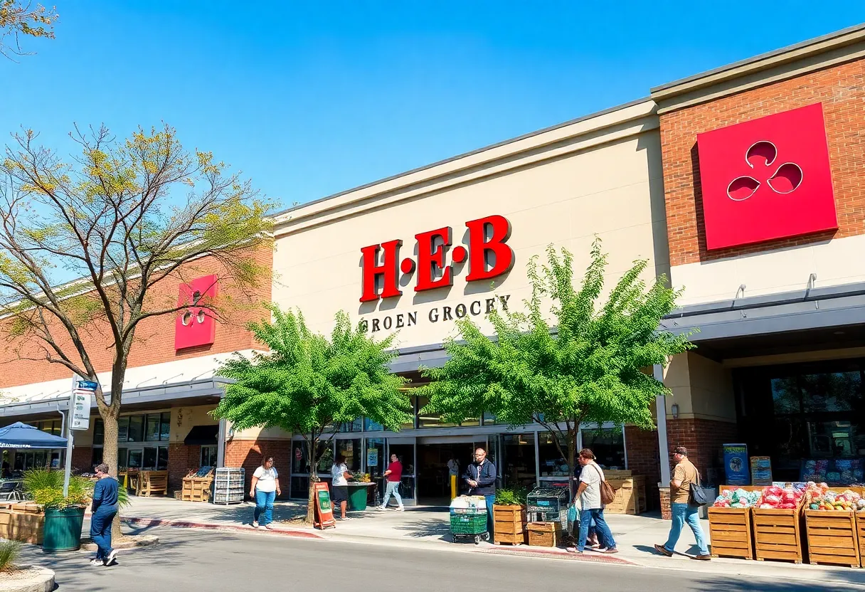 H-E-B grocery store exterior with shoppers outside
