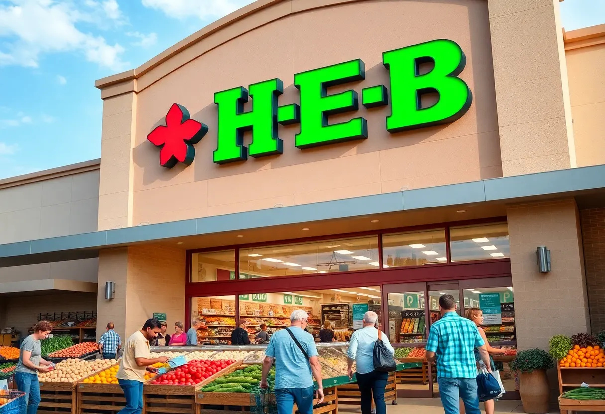 Exterior view of a newly opened H-E-B store with customers entering.