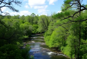 Lush greenery surrounding Helotes Creek in Grey Forest, Texas