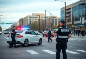 Street scene of a hit-and-run accident site in San Antonio with police investigating.