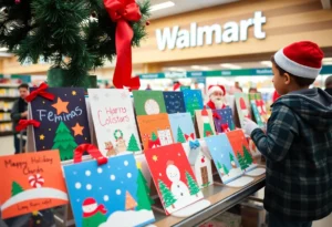 Colorful holiday-themed cards created by elementary students displayed at Walmart.