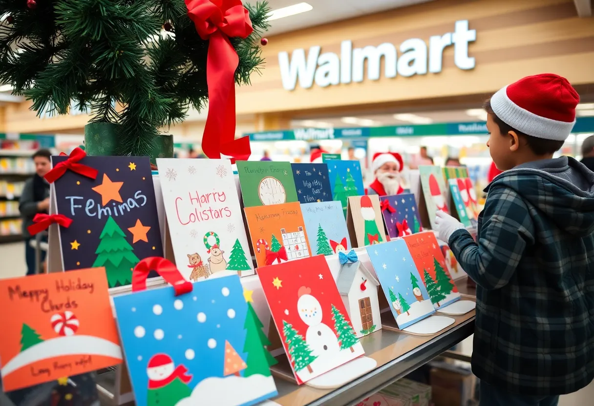 Colorful holiday-themed cards created by elementary students displayed at Walmart.