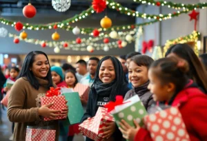 Families enjoying a holiday giveaway in San Antonio