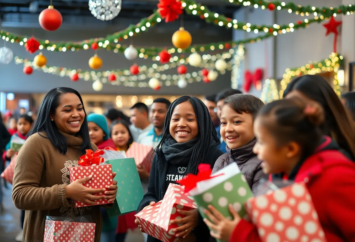 Families enjoying a holiday giveaway in San Antonio