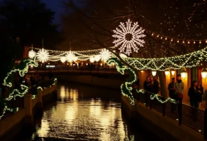Holiday lights illuminating the San Antonio River Walk