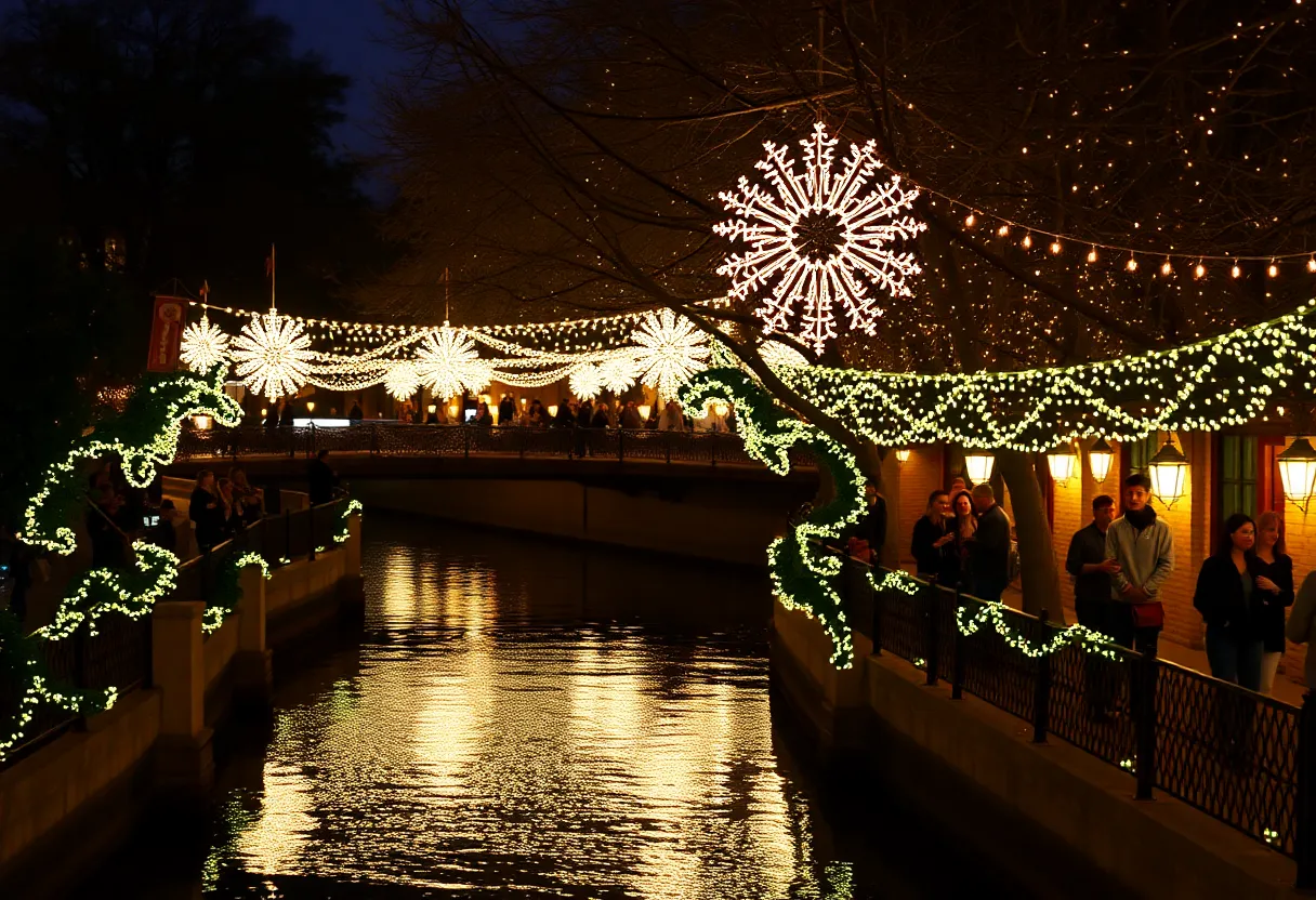 Holiday lights illuminating the San Antonio River Walk