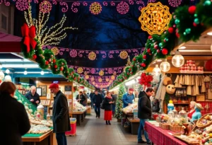 Vibrant holiday market in San Antonio with vendors and decorations