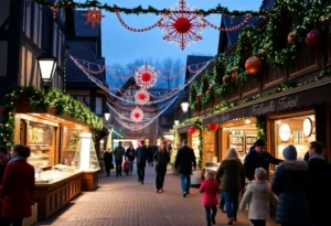 Families celebrating at Holiday in the Village in La Villita, San Antonio.