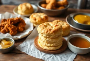 A display of Honey Butter Chicken Biscuits with honey butter and biscuits on the table