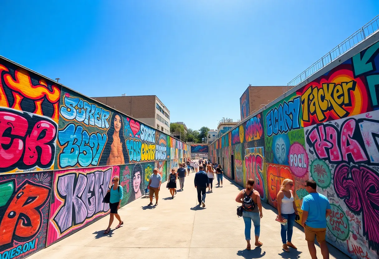 Visitors exploring the HOPE Outdoor Gallery showcasing various street art.