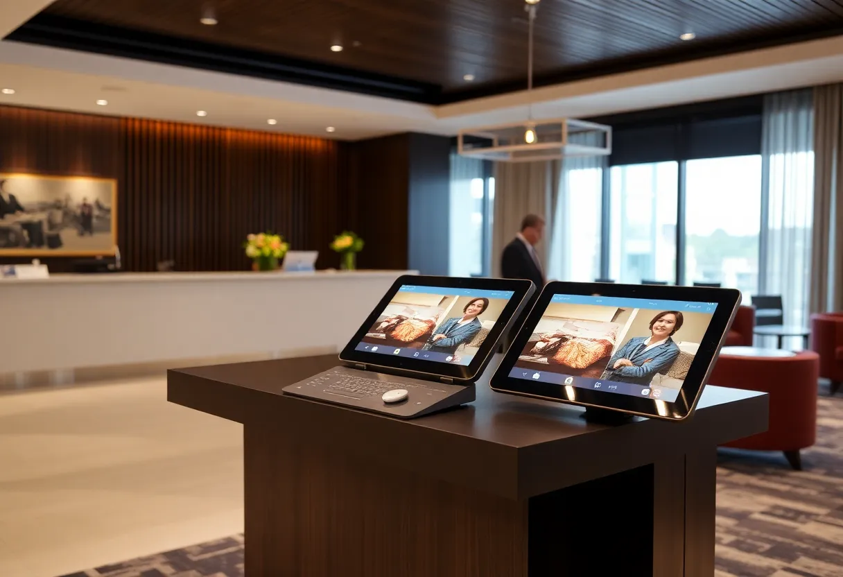 Interactive tablets for guest experience in a modern hotel lobby.