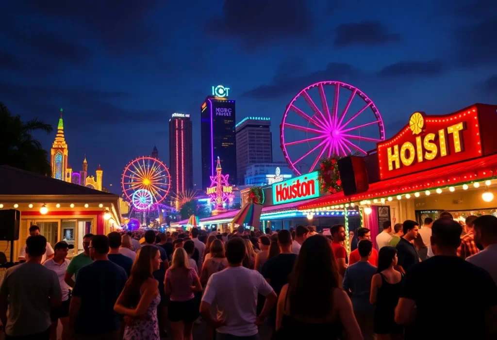 Vibrant nightlife scene in Houston with people enjoying live music.