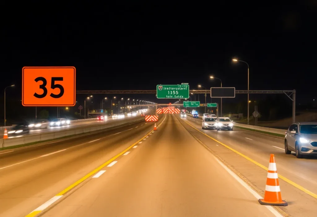 Night view of I-35 with construction signs indicating road closures