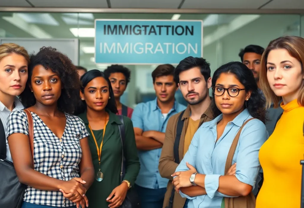 A group of diverse individuals waiting in an immigration office