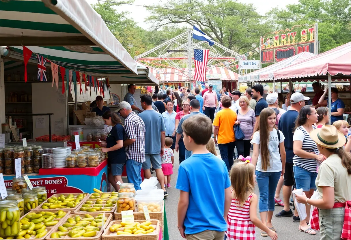 Families enjoying the In A Pickle Festival at Helotes Fairgrounds with vibrant stalls and activities.