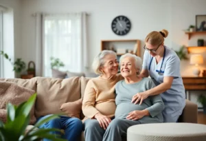 Caregiver assisting a senior in a cozy living room