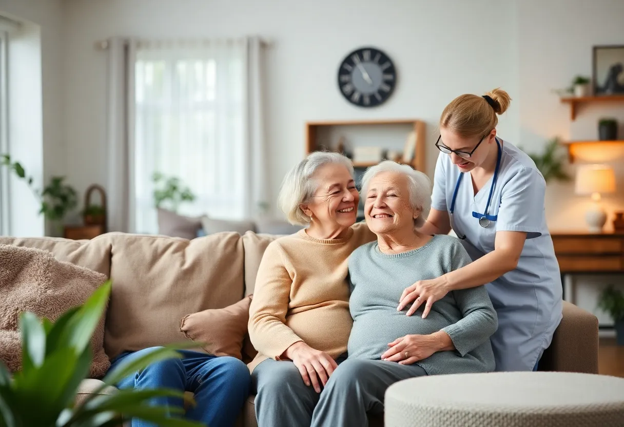 Caregiver assisting a senior in a cozy living room
