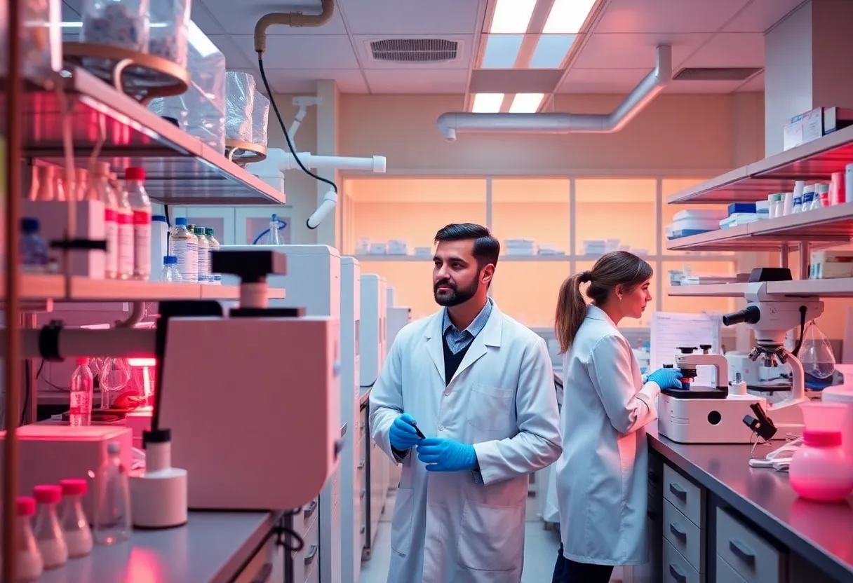 Researchers working in a biotechnology lab focused on breast cancer treatment.