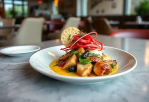 A fine dining dish from Isidore showcasing local Texas ingredients