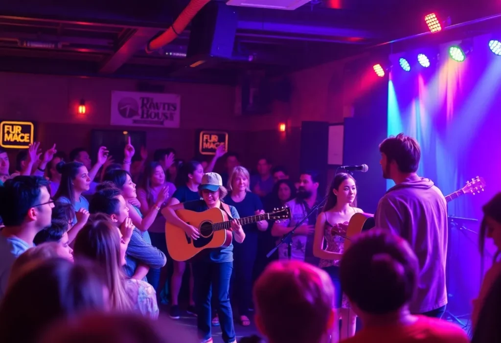 An acoustic duo performing live at Pink Shark in San Antonio, surrounded by an enthusiastic crowd.