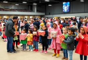 Families and children enjoying the free toy giveaway event at Jarel's Toy Chest.
