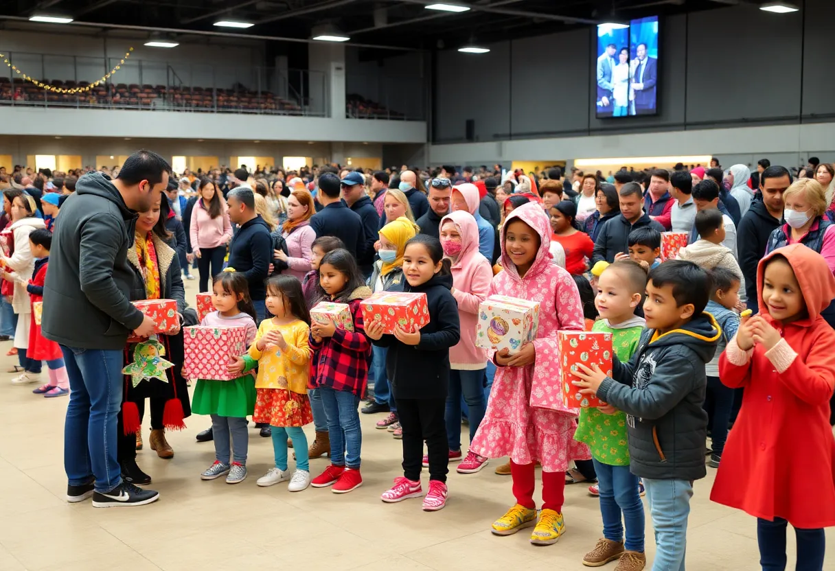 Families and children enjoying the free toy giveaway event at Jarel's Toy Chest.