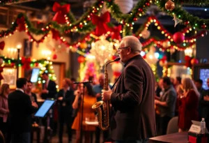 Saxophonist performing at the EZC Holiday Event in New Braunfels