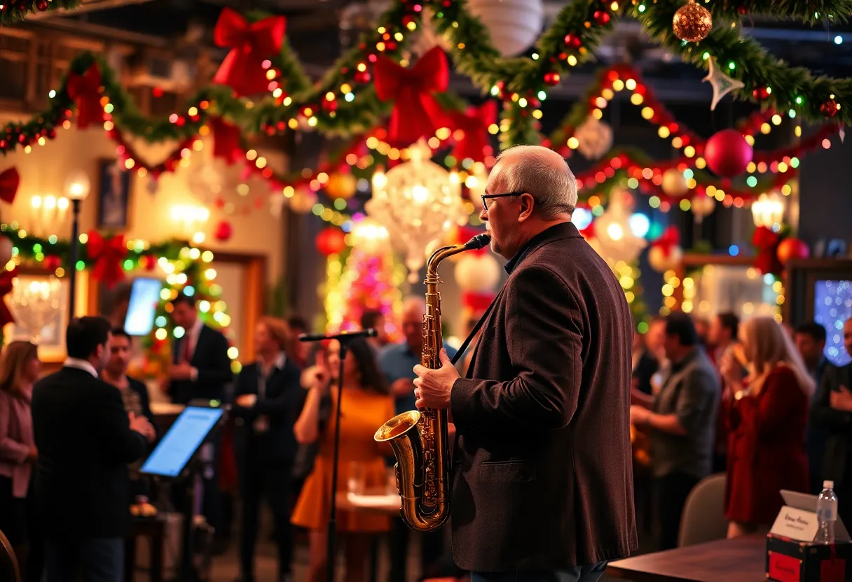 Saxophonist performing at the EZC Holiday Event in New Braunfels