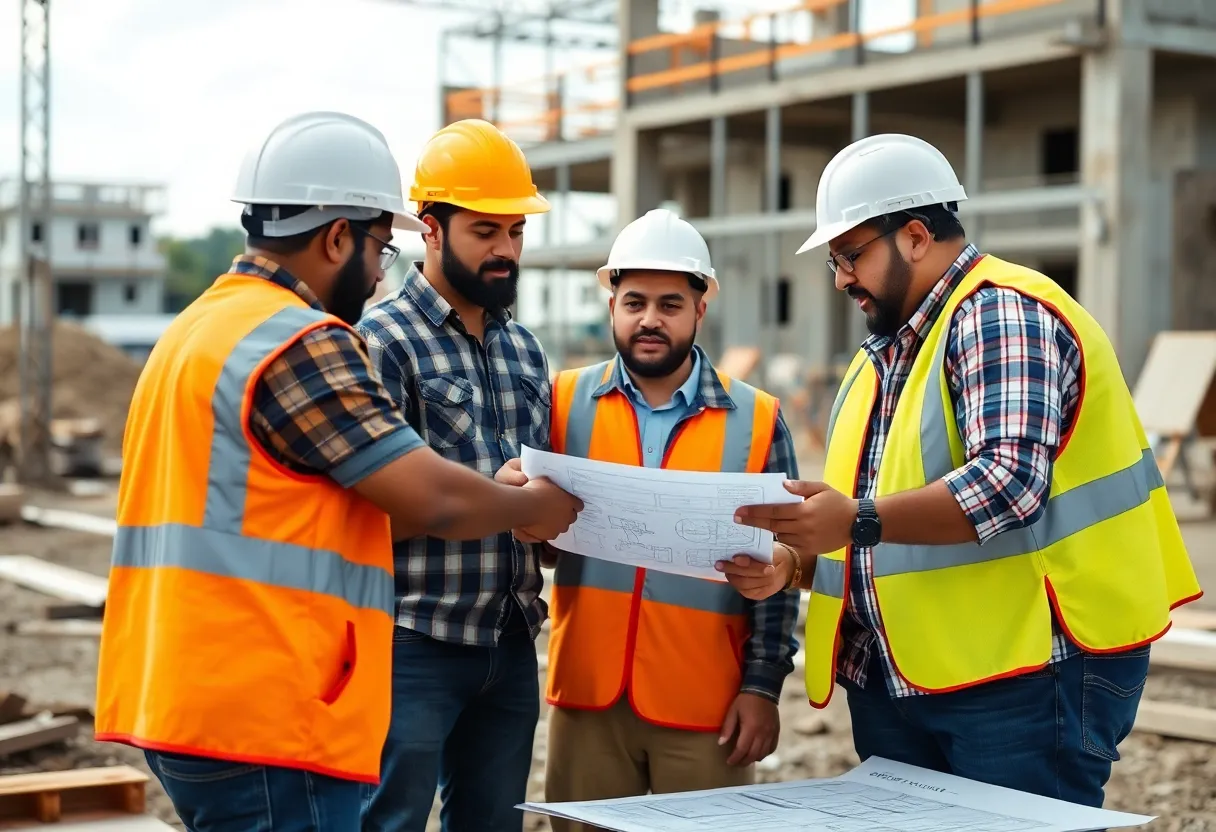 Hispanic construction professionals discussing plans at a construction site