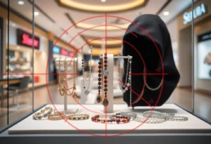 Abstract representation of jewelry theft in a mall setting.