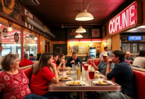 Diner scene at Jim's Restaurant in San Antonio with diverse patrons enjoying meals