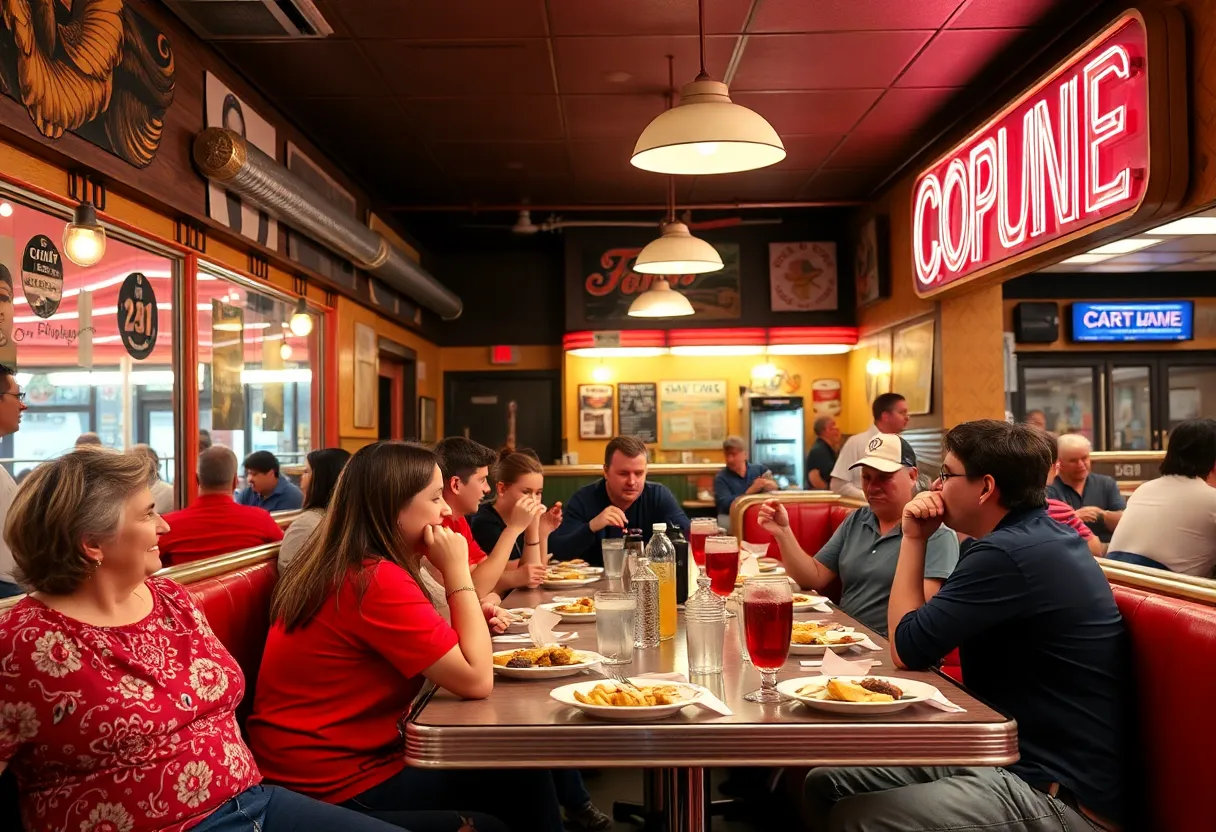 Diner scene at Jim's Restaurant in San Antonio with diverse patrons enjoying meals