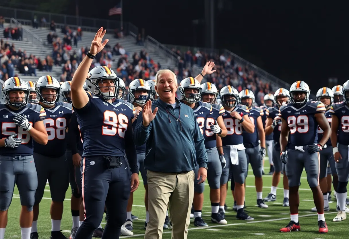 Kentucky football team celebrating with their new coach