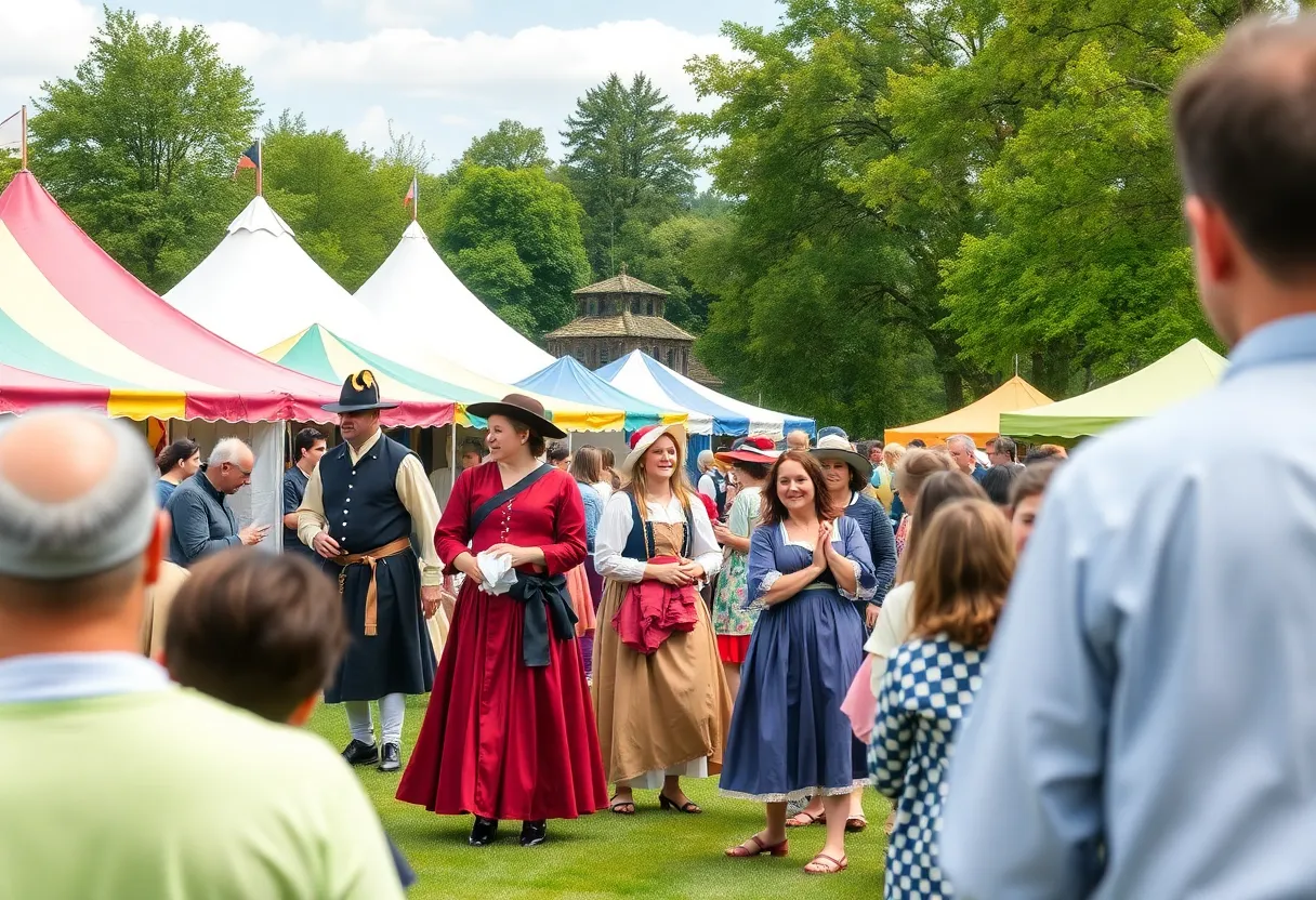 Attendees enjoying the Kerrville Renaissance Festival with performers in costumes and colorful tents.